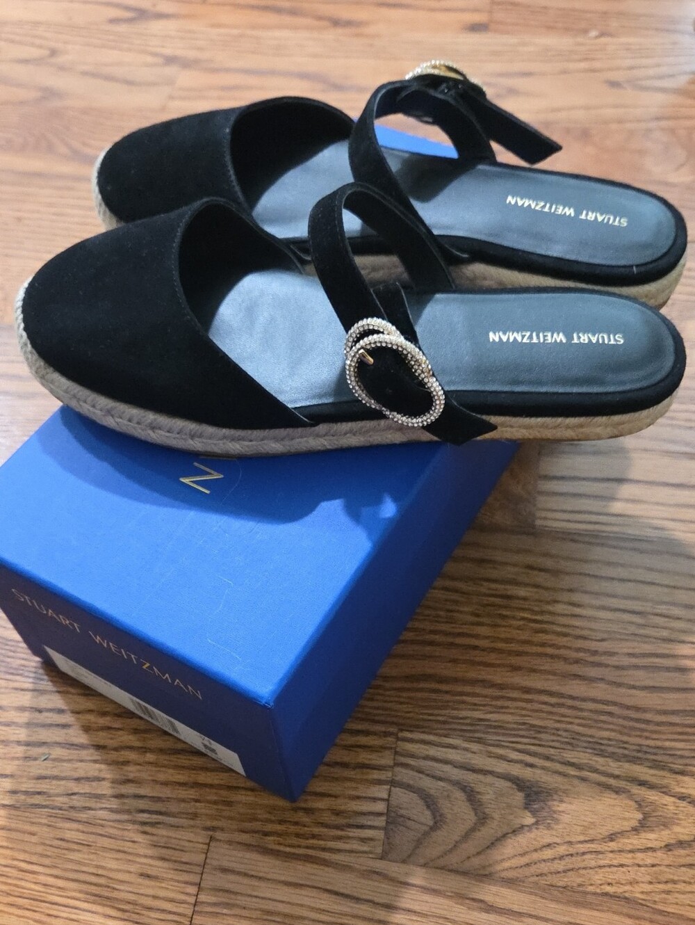 Stuart Weitzman Black Suede Crystal Buckle Espadrille Mule